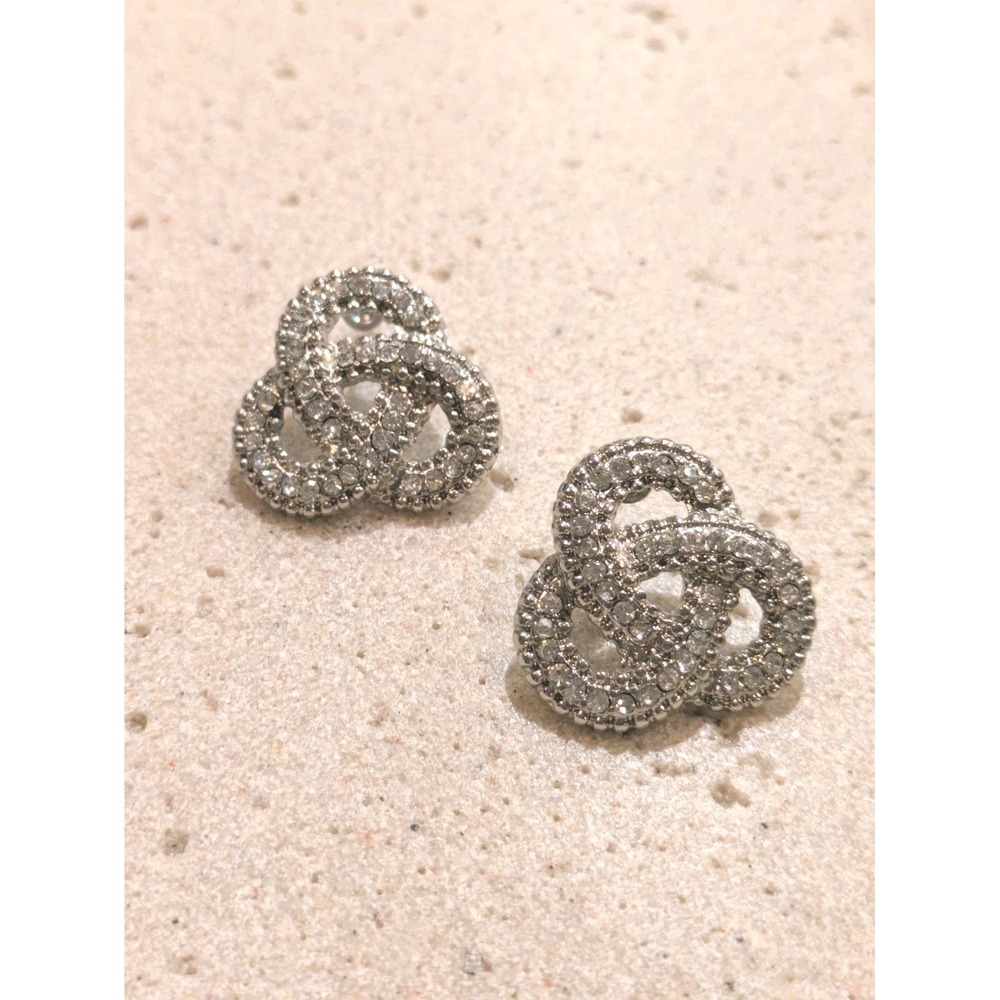 Vintage Glam Celtic Knot Rhinestone Stud Earrings Silver Tone Elegant Bling